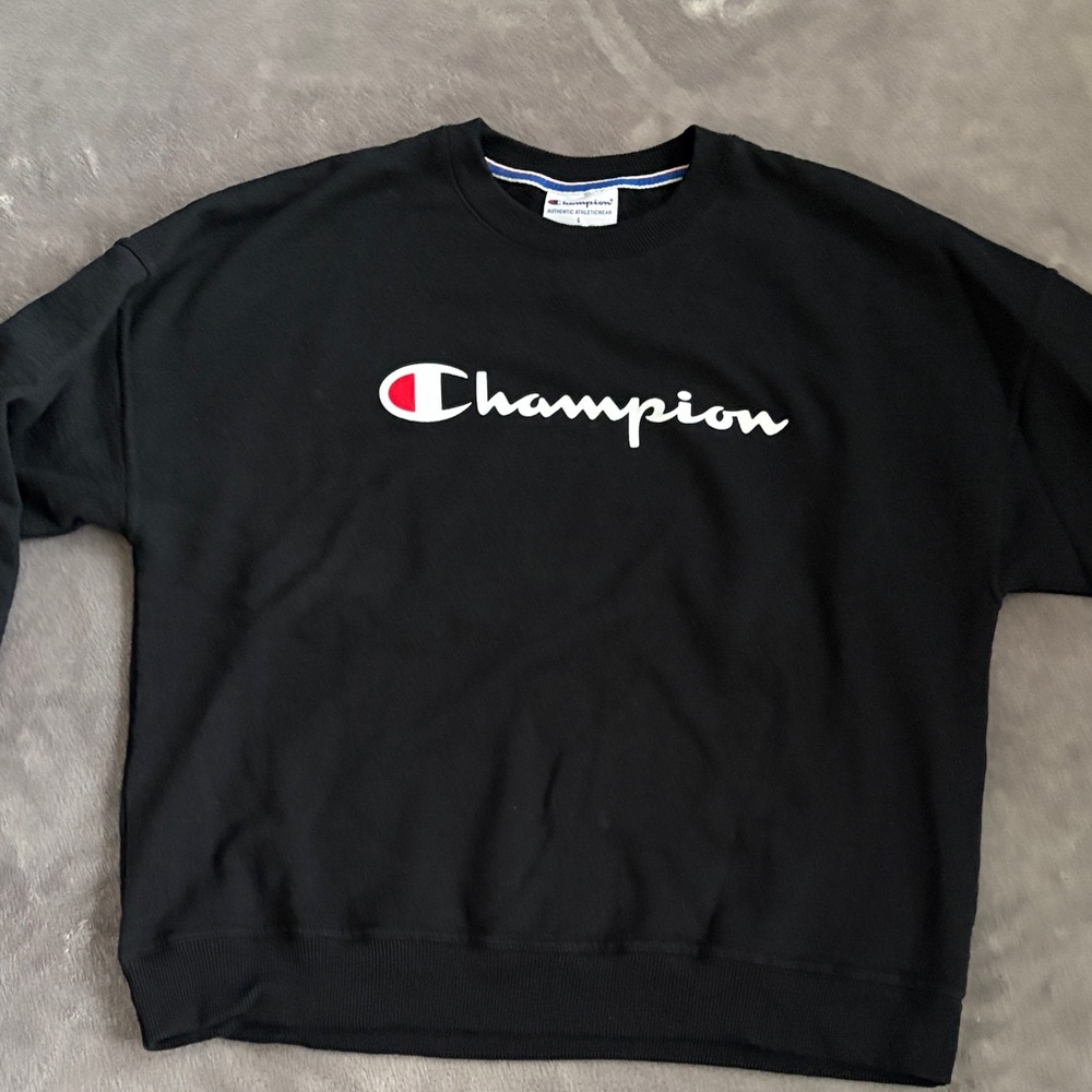 Champion women’s Black Crewneck Sweatshirt with White Script and Red Accent